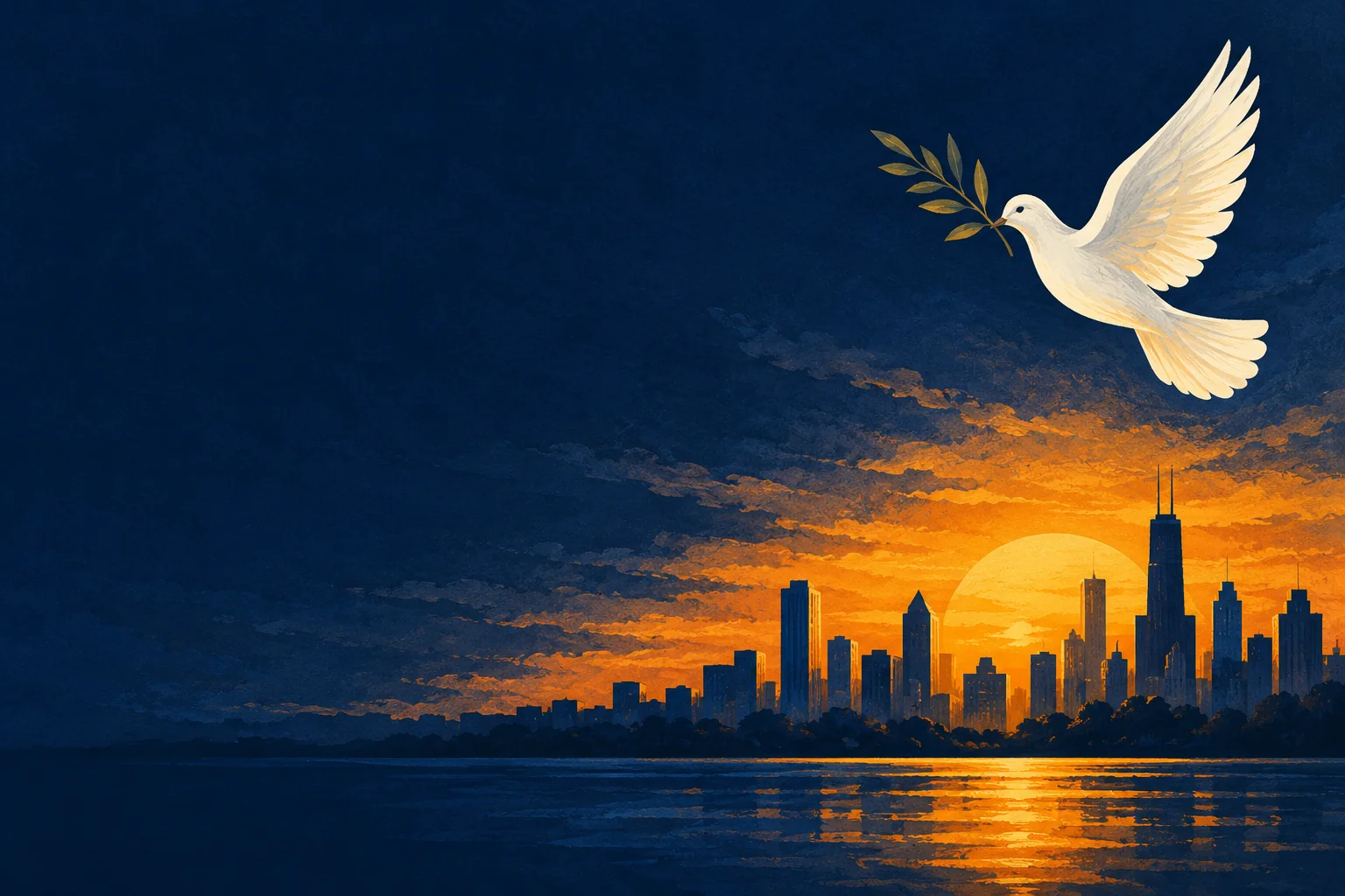 Symbolic dove above a hopeful city skyline