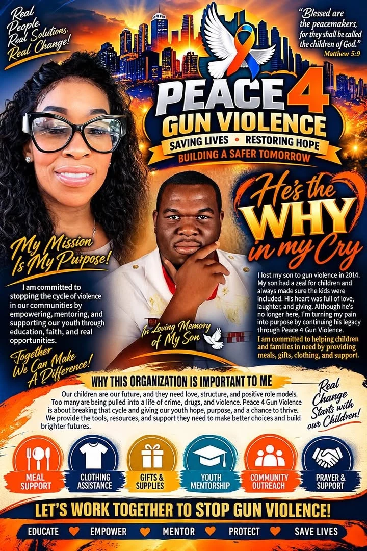 Peace 4 Gun Violence flyer describing the mission, youth support, and community outreach